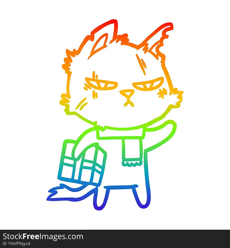 rainbow gradient line drawing of a tough cartoon cat with christmas present