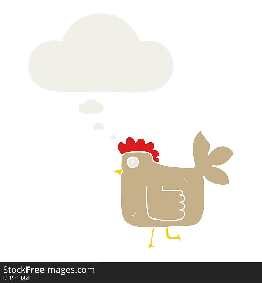 cartoon chicken with thought bubble in retro style