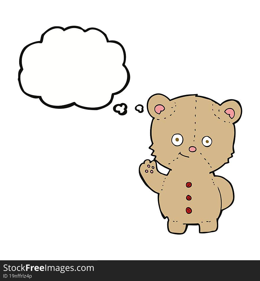 cartoon teddy bear waving with thought bubble