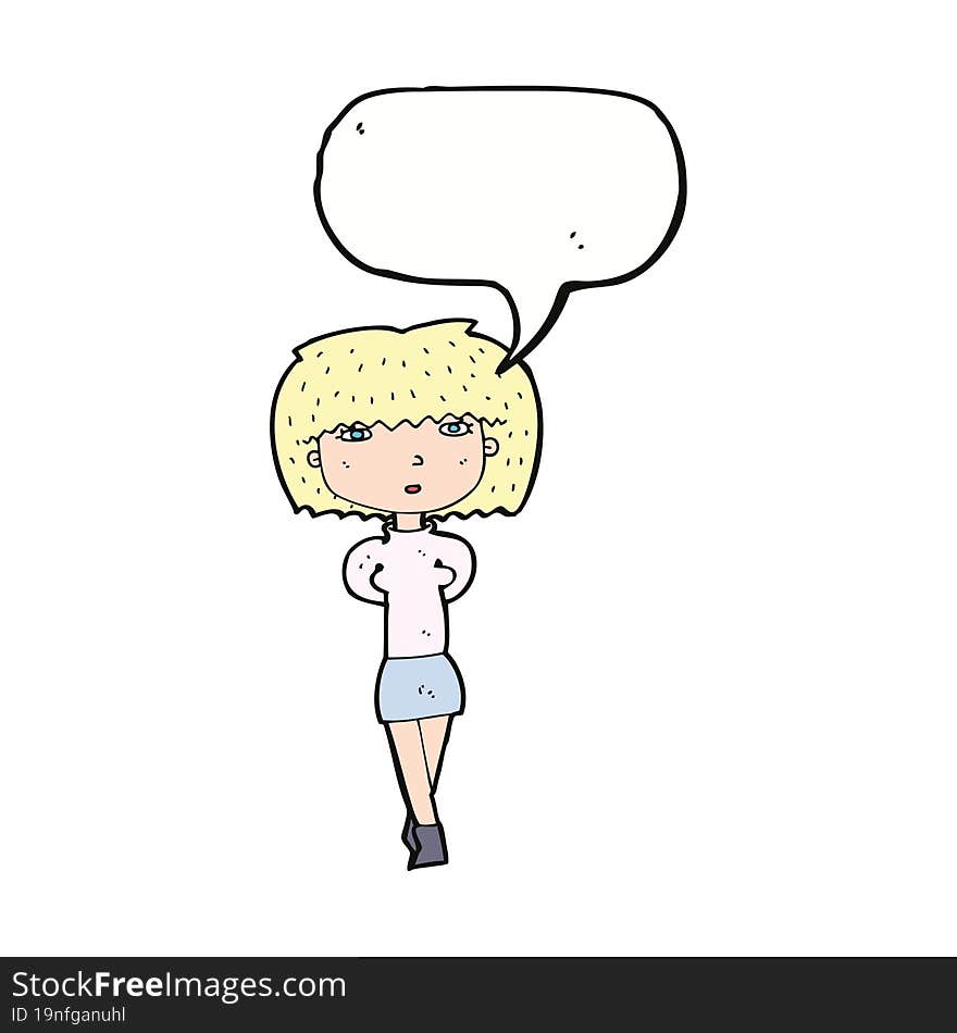 cartoon shy woman with speech bubble