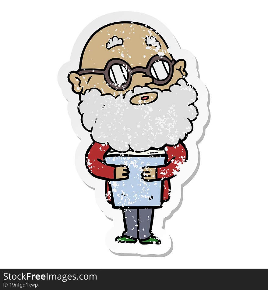 Distressed Sticker Of A Cartoon Curious Man With Beard And Glasses