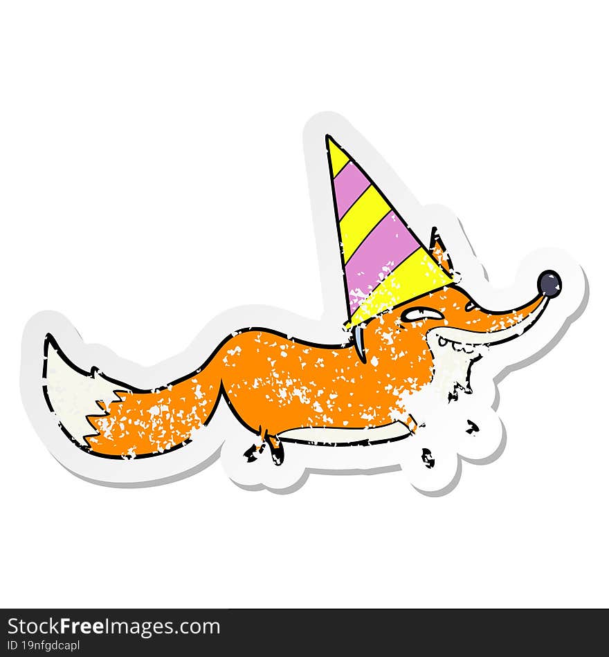 distressed sticker of a cartoon sly fox in party hat