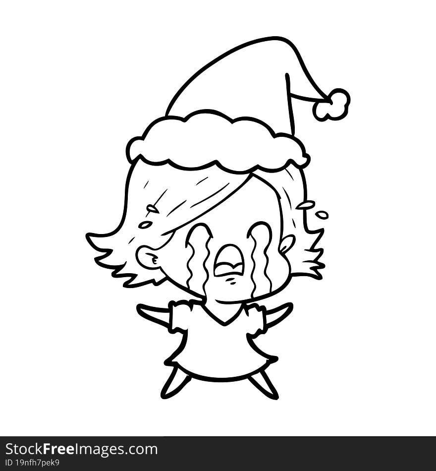 Line Drawing Of A Woman Crying Wearing Santa Hat