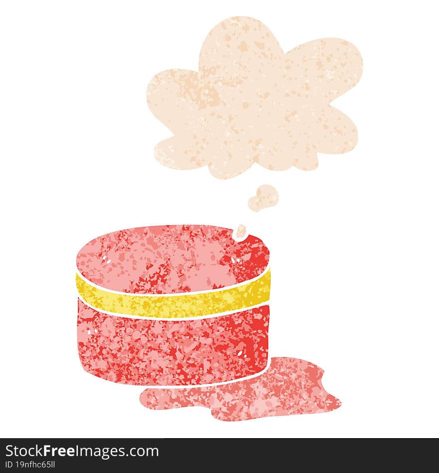 cartoon beauty lotion tub and thought bubble in retro textured style