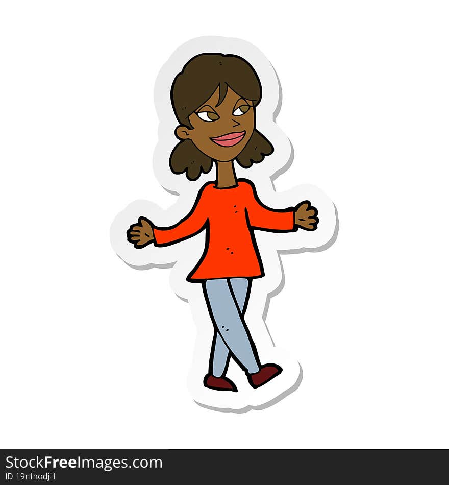 sticker of a cartoon woman with no worries