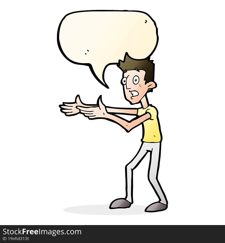 cartoon man desperately explaining with speech bubble