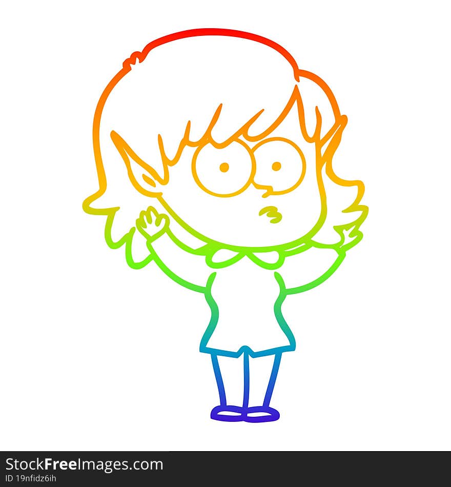 rainbow gradient line drawing cartoon elf girl staring