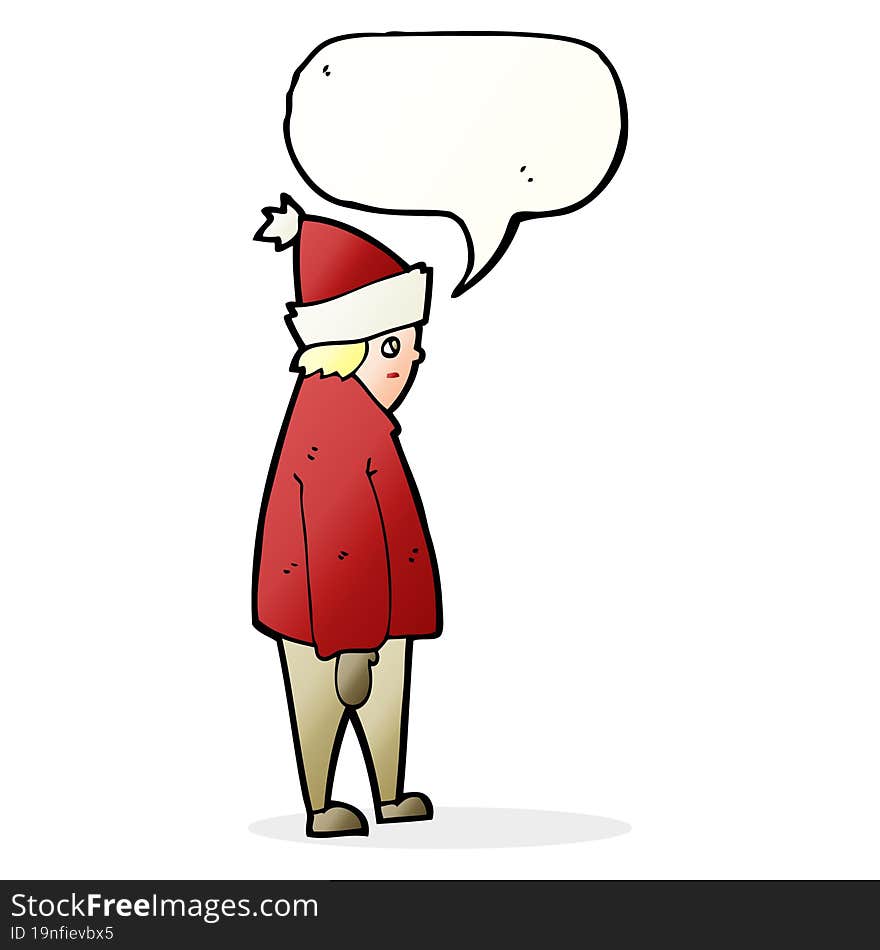 cartoon person in winter clothes with speech bubble