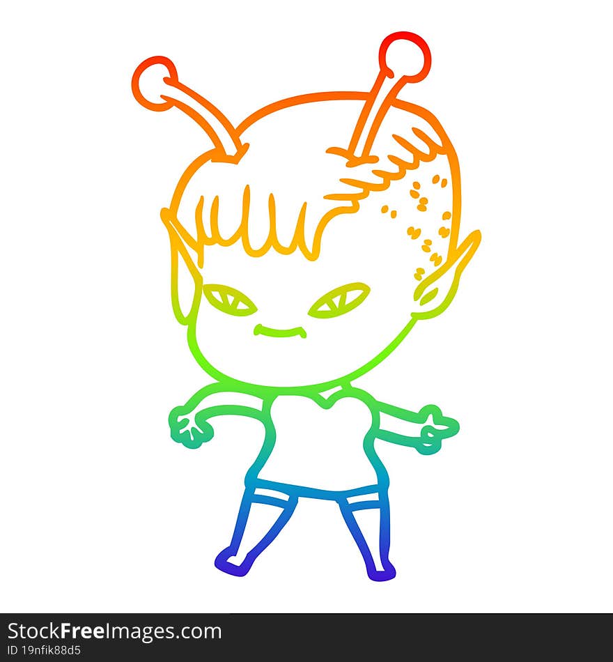 rainbow gradient line drawing of a cute cartoon alien girl