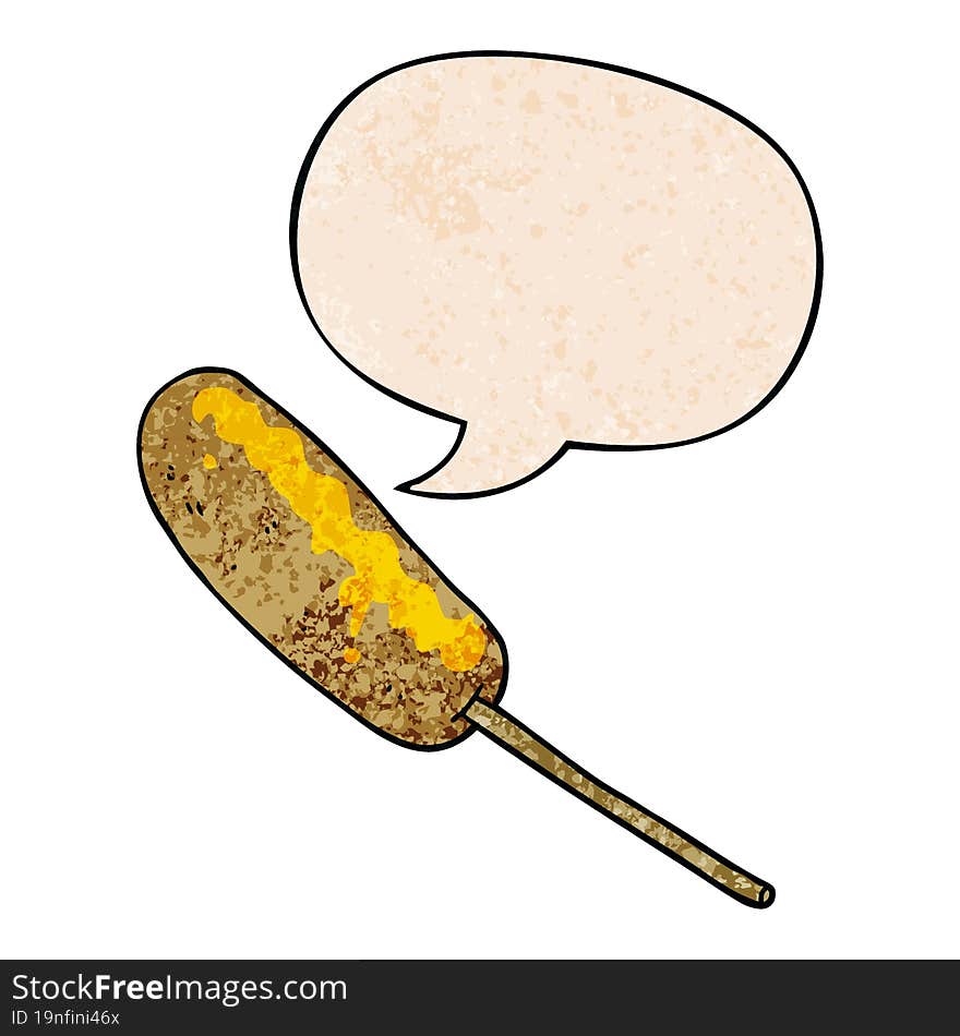 cartoon hotdog on a stick and speech bubble in retro texture style