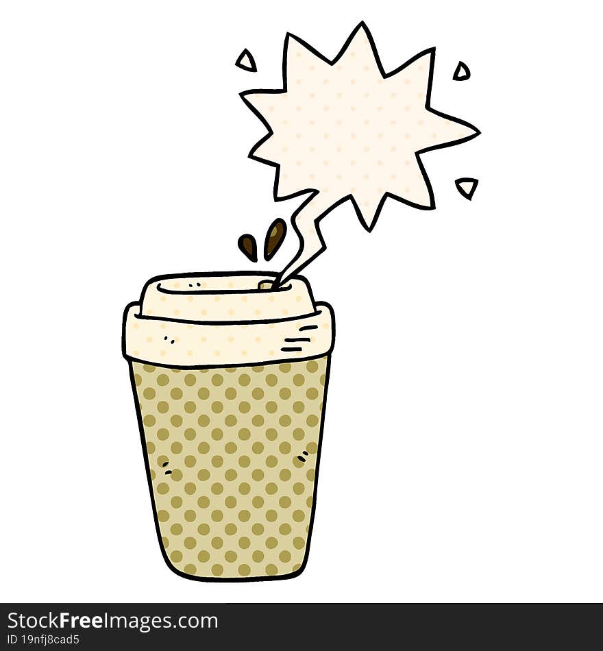 cartoon coffee cup and speech bubble in comic book style