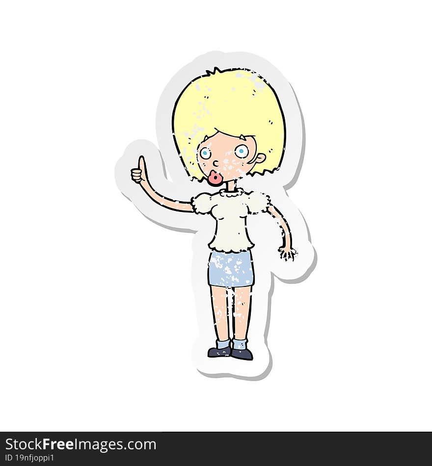 retro distressed sticker of a cartoon woman with idea