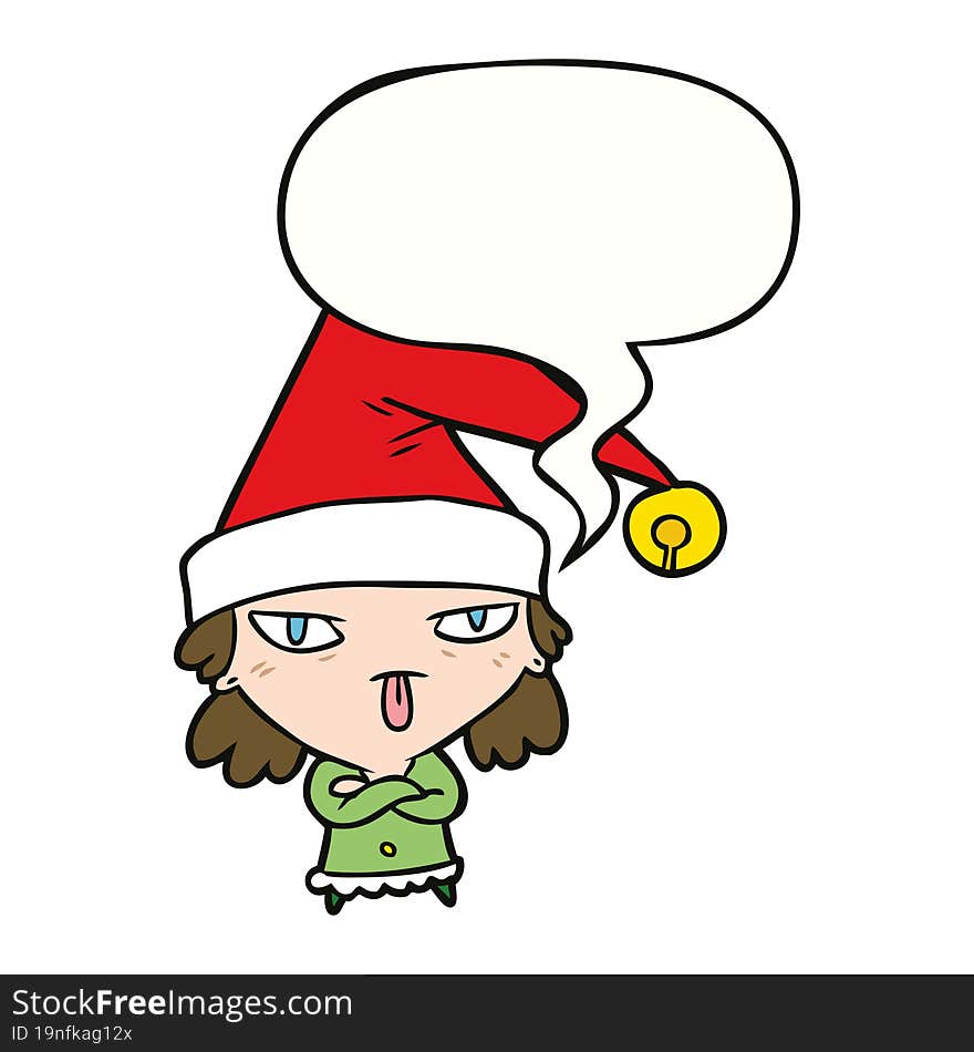 cartoon girl wearing christmas hat with speech bubble