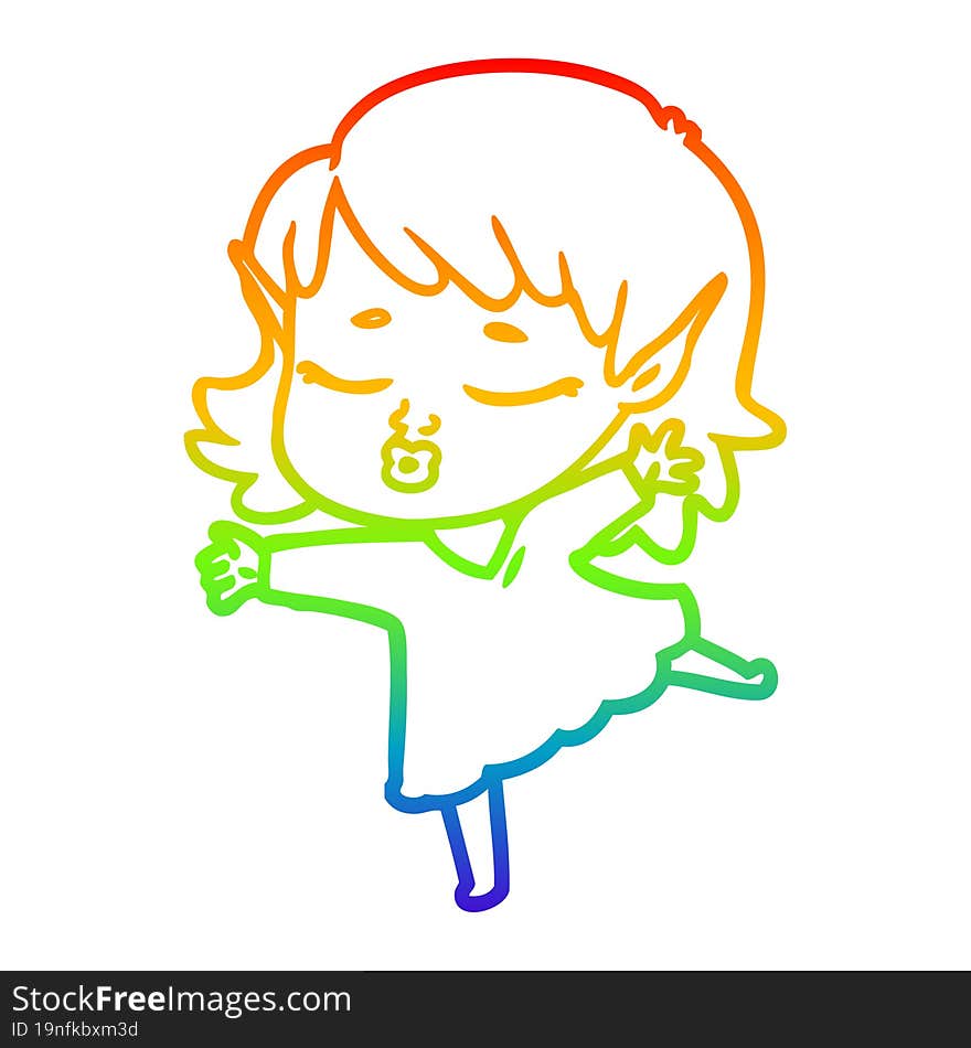 rainbow gradient line drawing pretty cartoon elf girl dancing