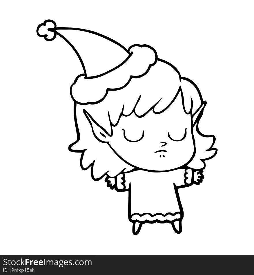 hand drawn line drawing of a elf girl wearing santa hat