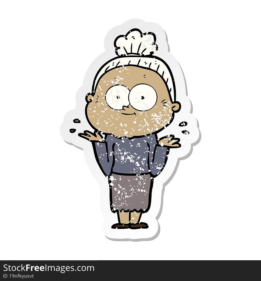 distressed sticker of a cartoon happy old woman