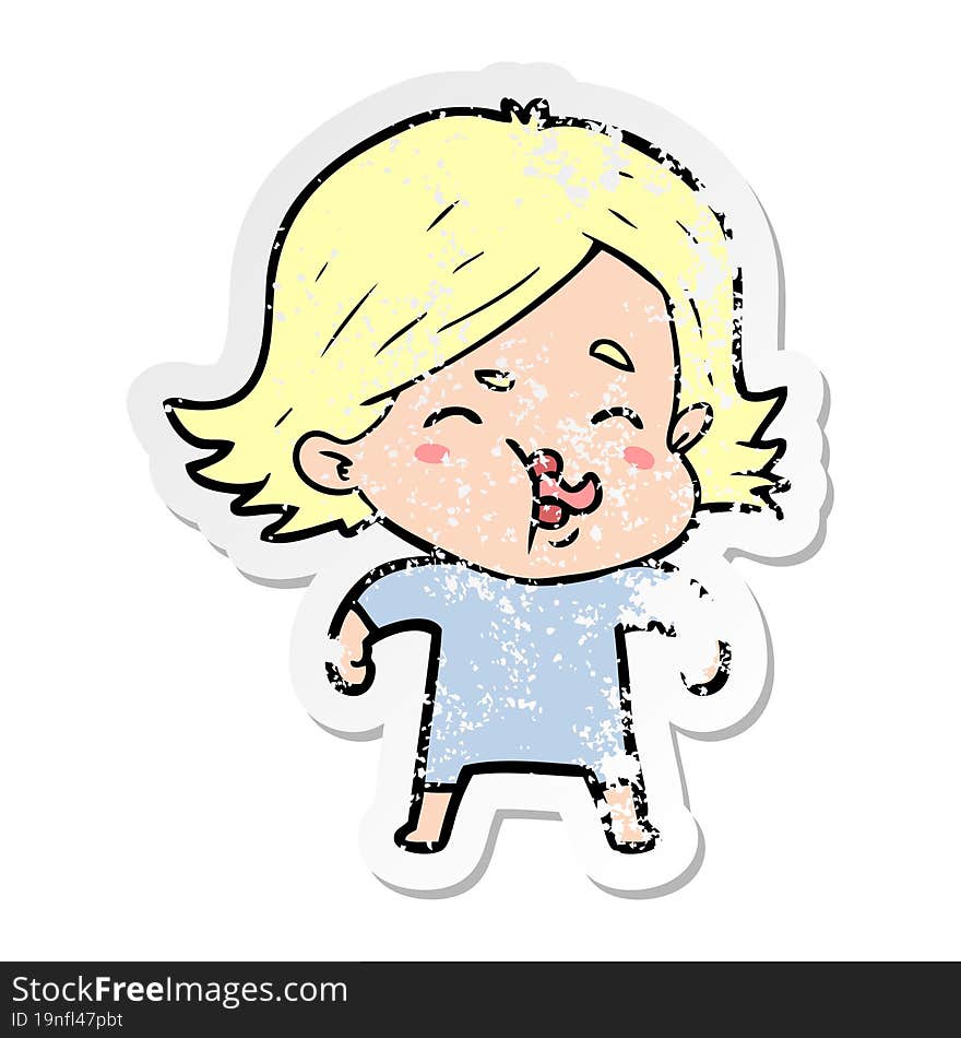 distressed sticker of a cartoon girl pulling face