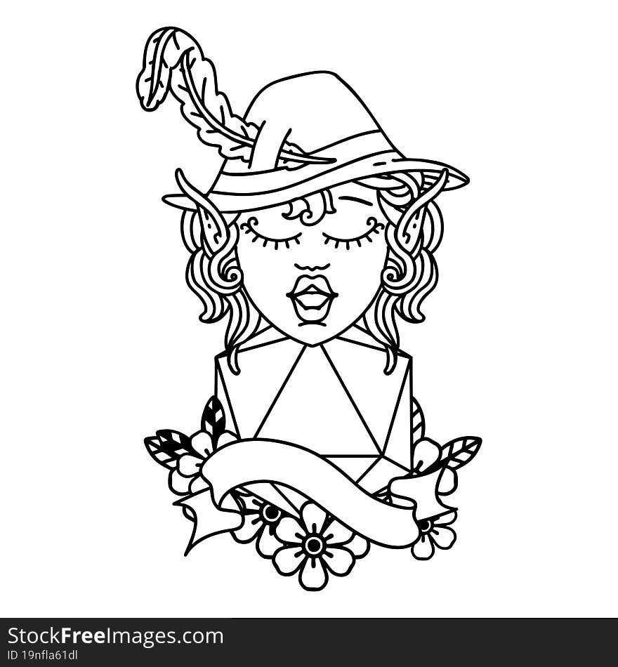 Black and White Tattoo linework Style elf bard character with natural twenty. Black and White Tattoo linework Style elf bard character with natural twenty