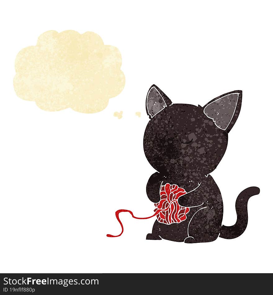 cartoon cute black cat playing with ball of yarn with thought bubble