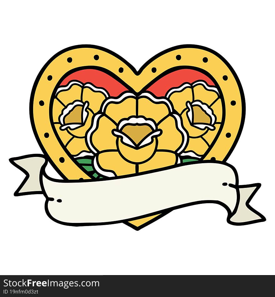 tattoo in traditional style of a heart and banner with flowers. tattoo in traditional style of a heart and banner with flowers