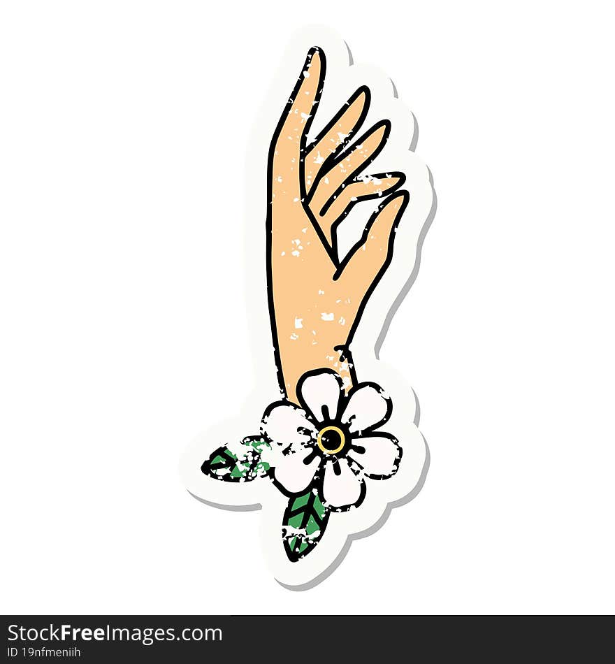 Traditional Distressed Sticker Tattoo Of A Hand And Flower