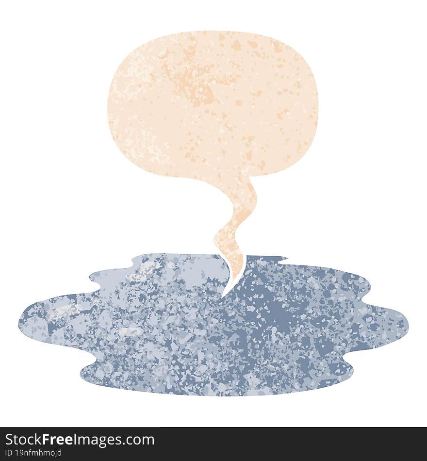 cartoon puddle of water and speech bubble in retro textured style