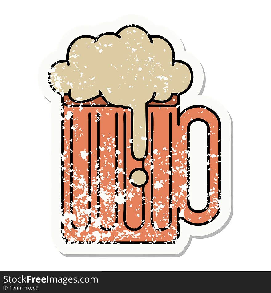 Traditional Distressed Sticker Tattoo Of A Beer Tankard