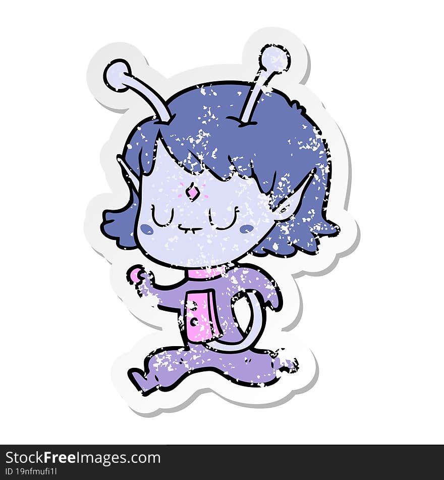 distressed sticker of a cartoon alien girl