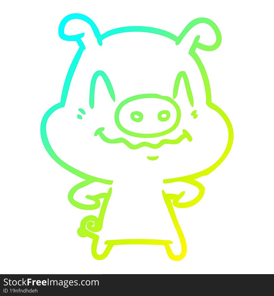 cold gradient line drawing of a nervous cartoon pig