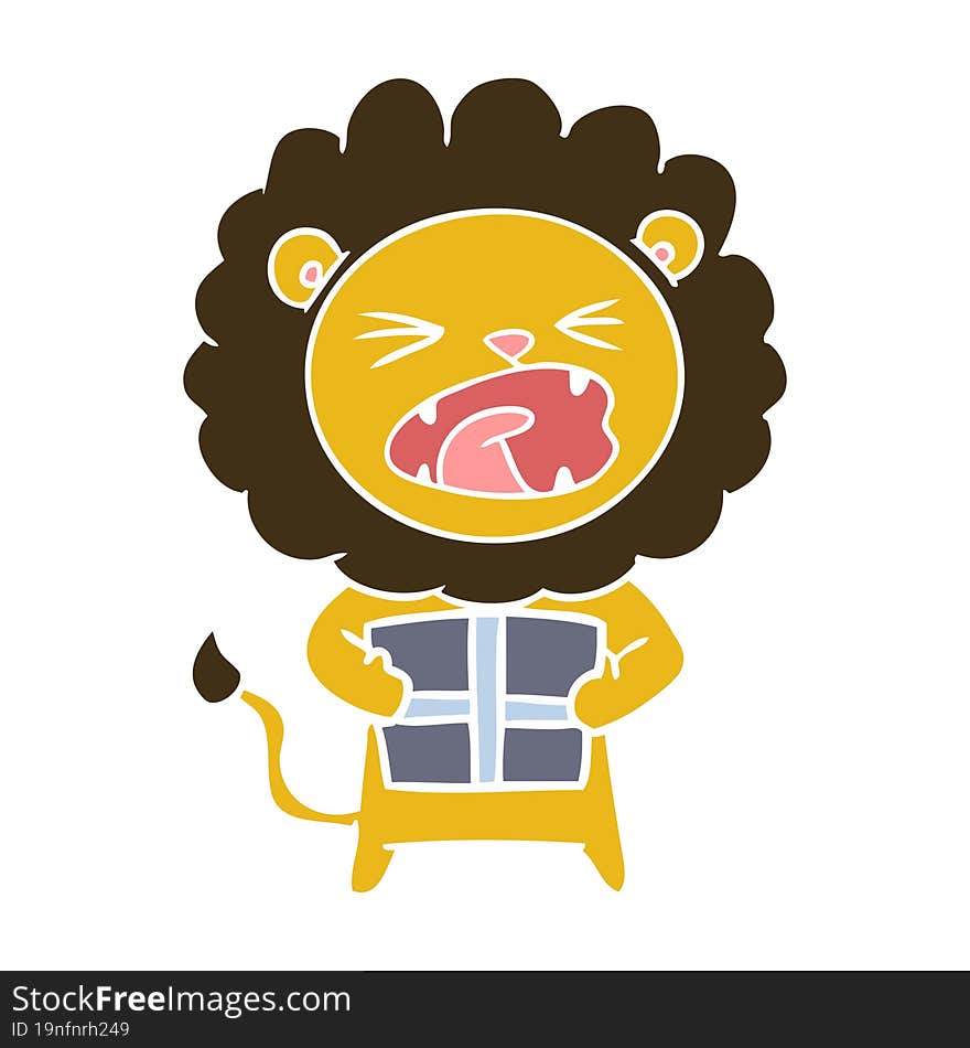 Flat Color Style Cartoon Lion With Christmas Present