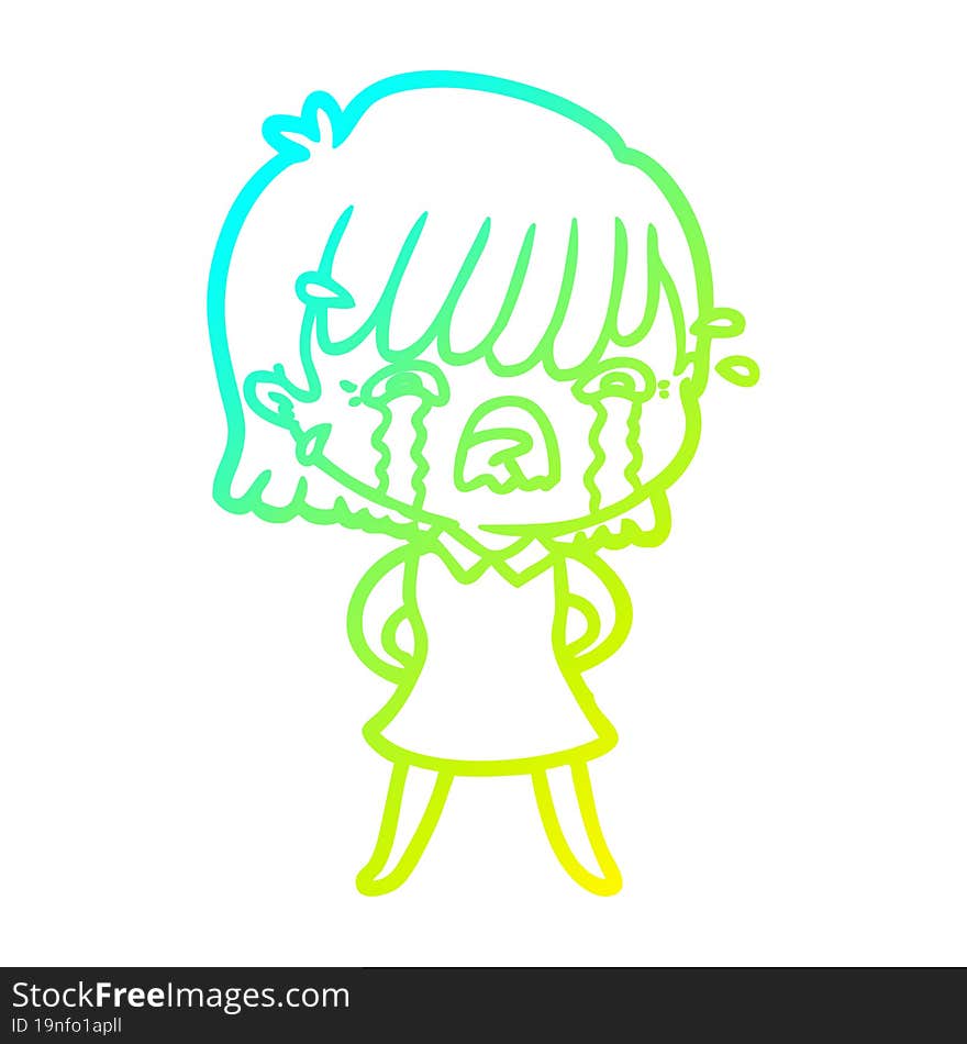 cold gradient line drawing of a cartoon girl crying