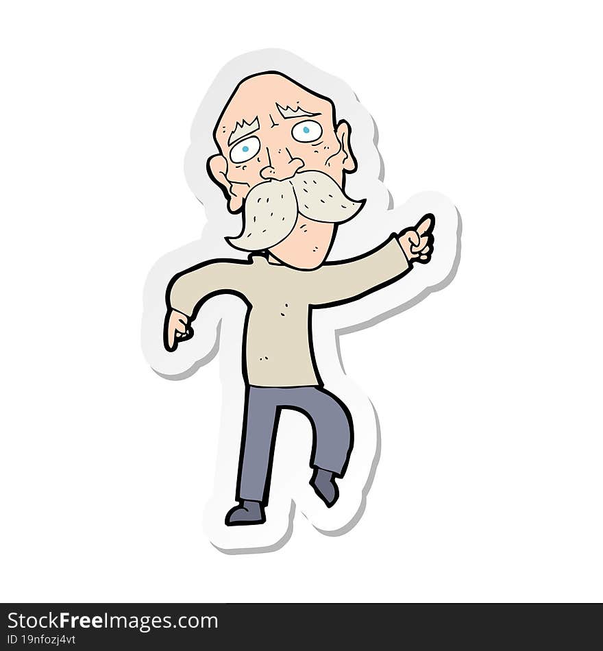 sticker of a cartoon sad old man pointing