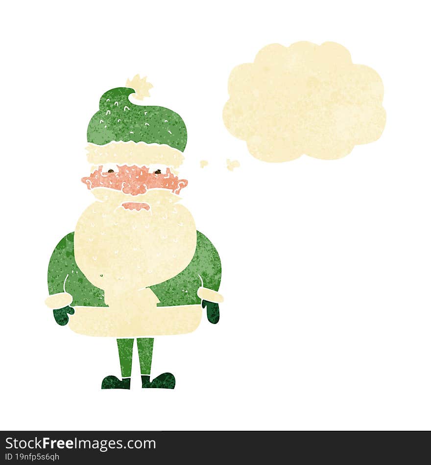 cartoon grumpy santa claus with thought bubble