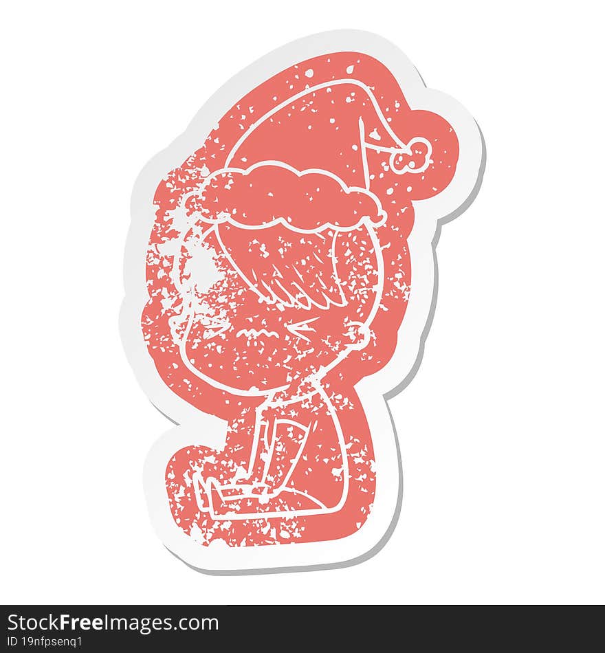 quirky cartoon distressed sticker of a annoyed hipster girl wearing santa hat