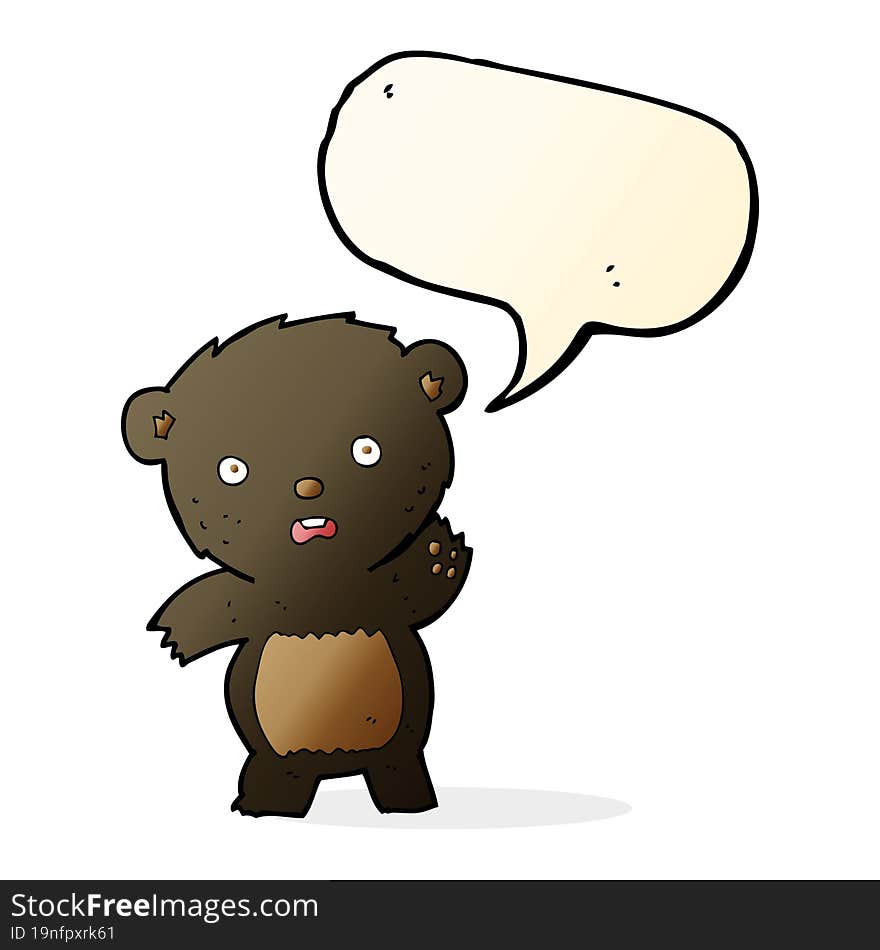 cartoon waving black bear cub with speech bubble