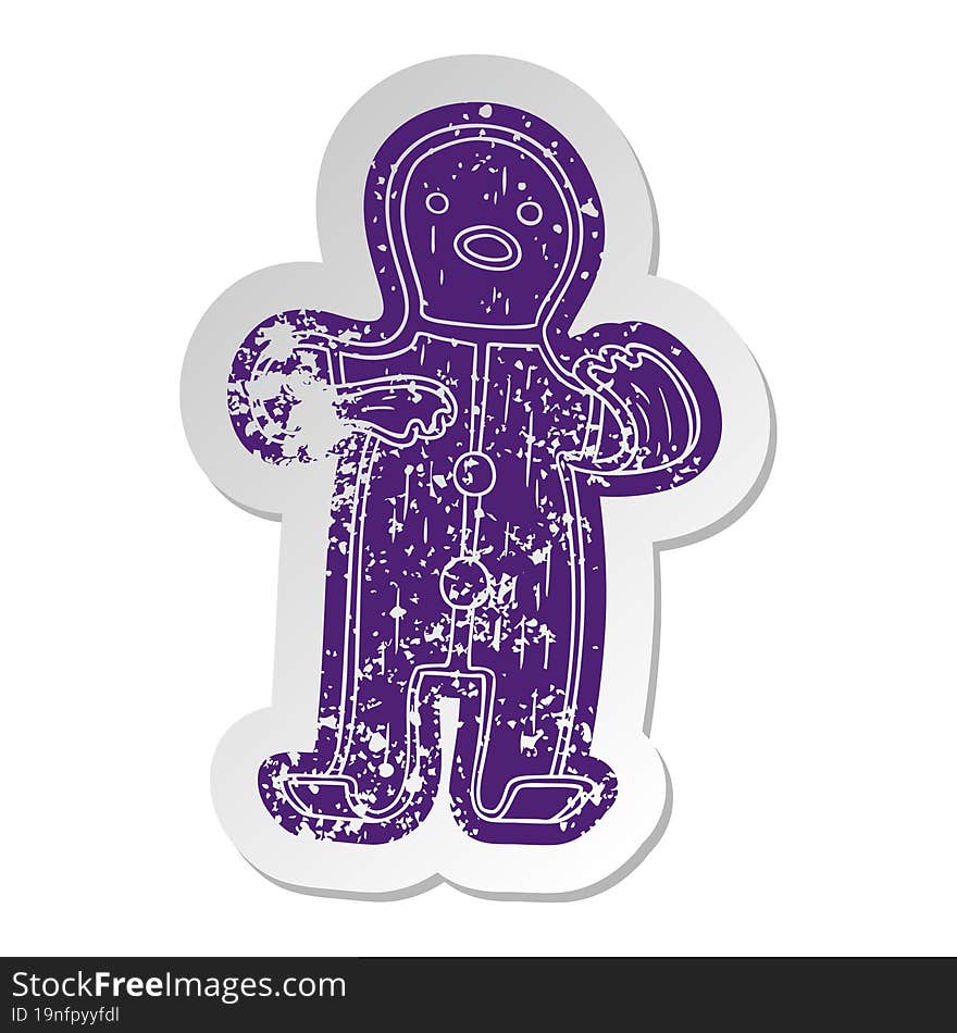 distressed old cartoon sticker of a gingerbread man. distressed old cartoon sticker of a gingerbread man