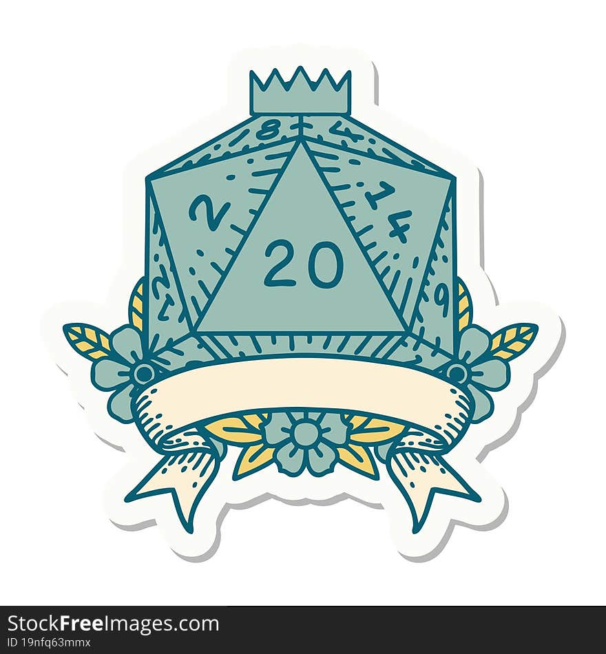 sticker of a natural 20 critical hit D20 dice roll. sticker of a natural 20 critical hit D20 dice roll