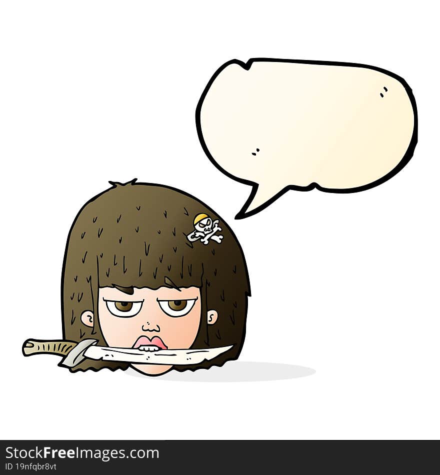 Cartoon Woman Holding Knife Between Teeth With Speech Bubble