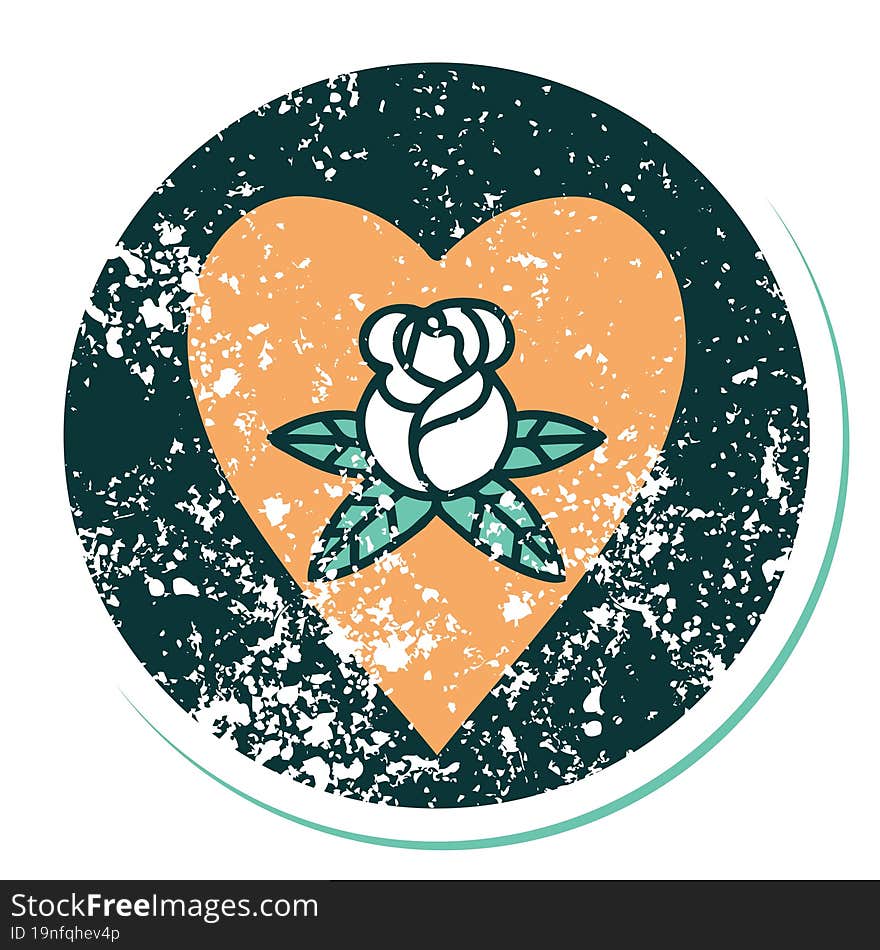 iconic distressed sticker tattoo style image of a heart and flowers. iconic distressed sticker tattoo style image of a heart and flowers