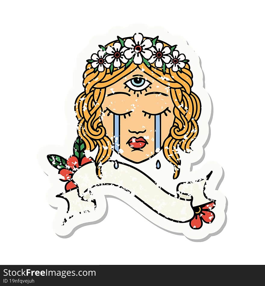 Grunge Sticker With Banner Of Female Face With Third Eye Crying