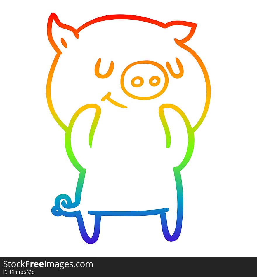 Rainbow Gradient Line Drawing Happy Cartoon Pig