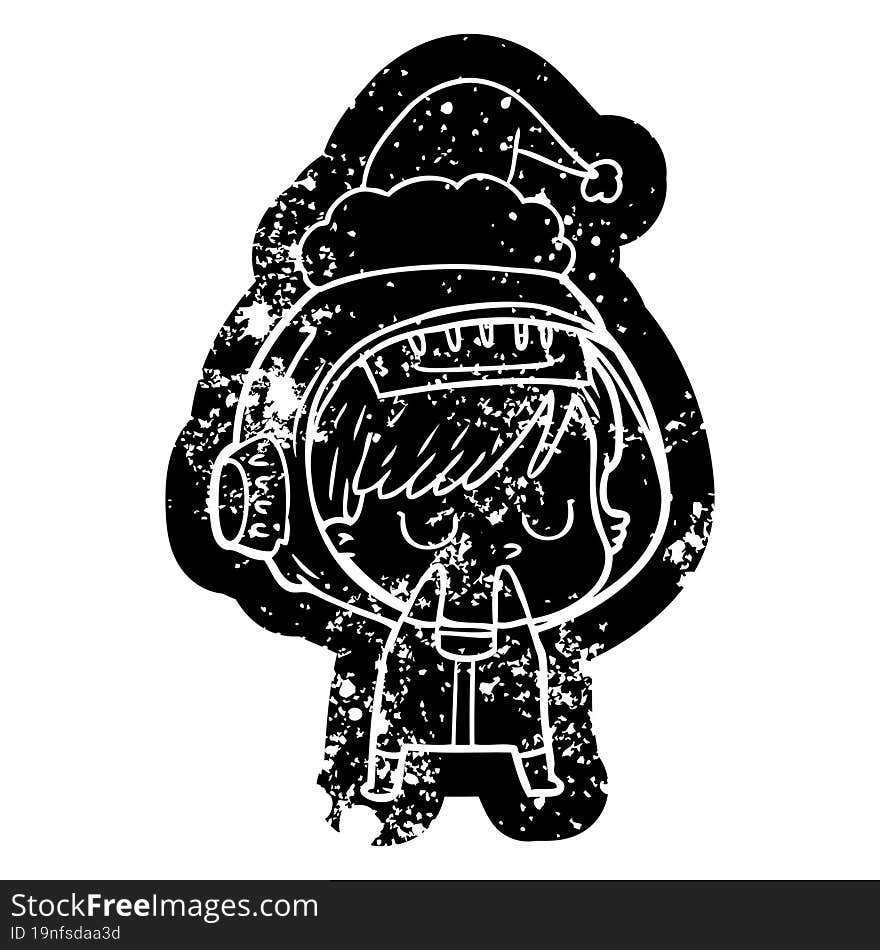 cartoon distressed icon of a astronaut woman wearing santa hat