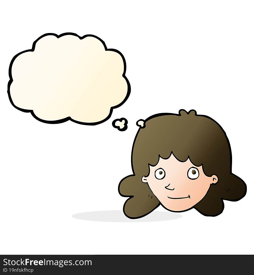 cartoon happy female face with thought bubble