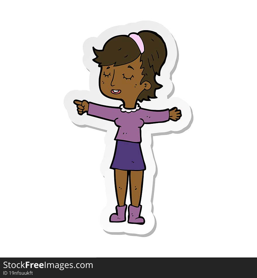 sticker of a cartoon happy woman pointing