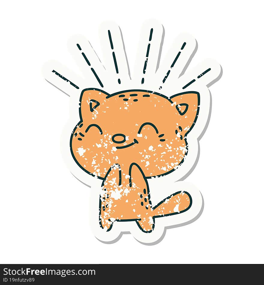 grunge sticker of tattoo style happy cat