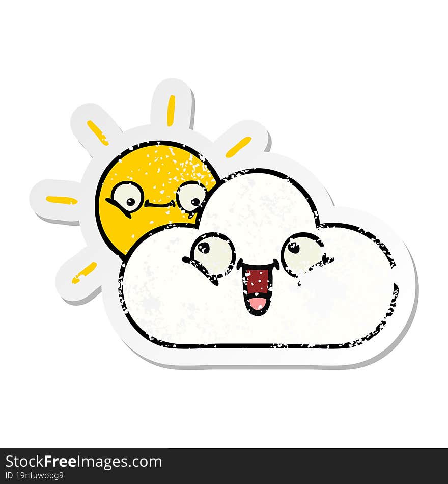 distressed sticker of a cute cartoon sunshine and cloud