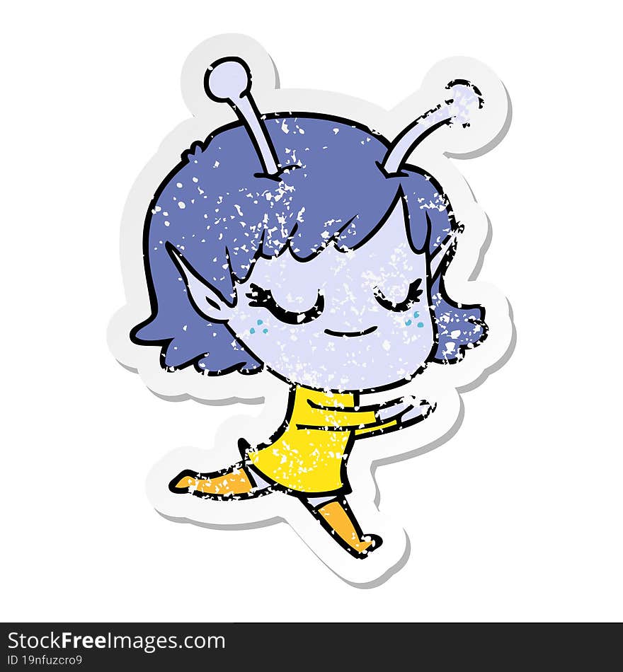 distressed sticker of a smiling alien girl cartoon