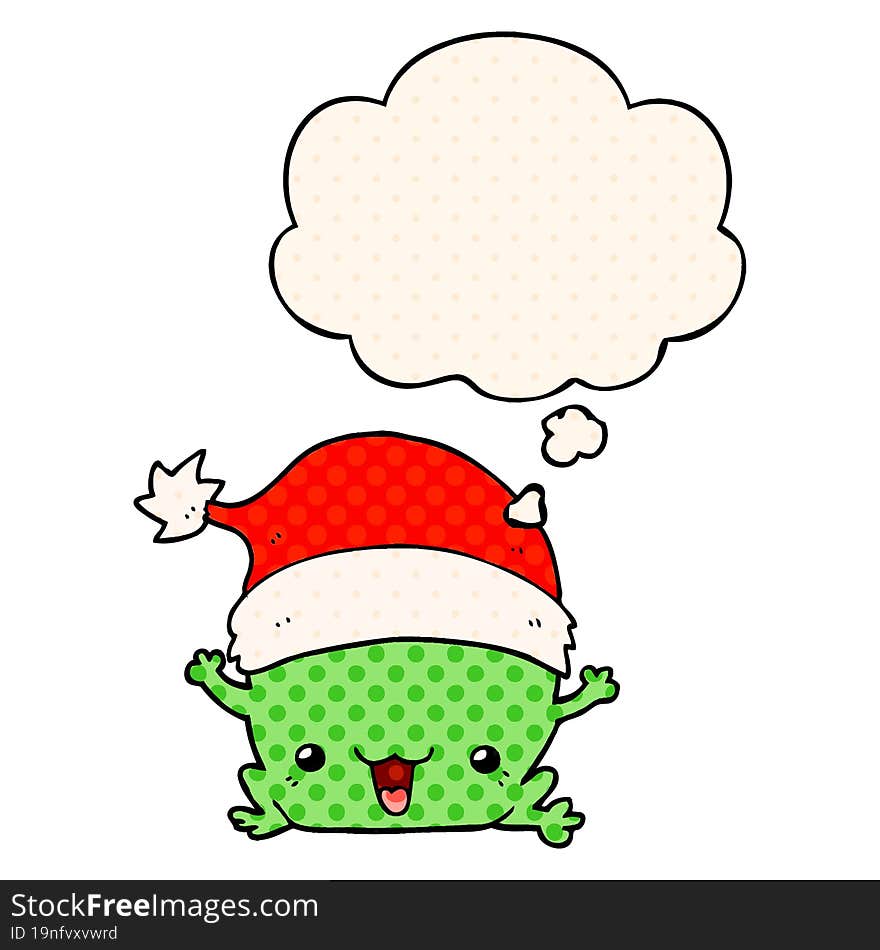 cute cartoon christmas frog with thought bubble in comic book style