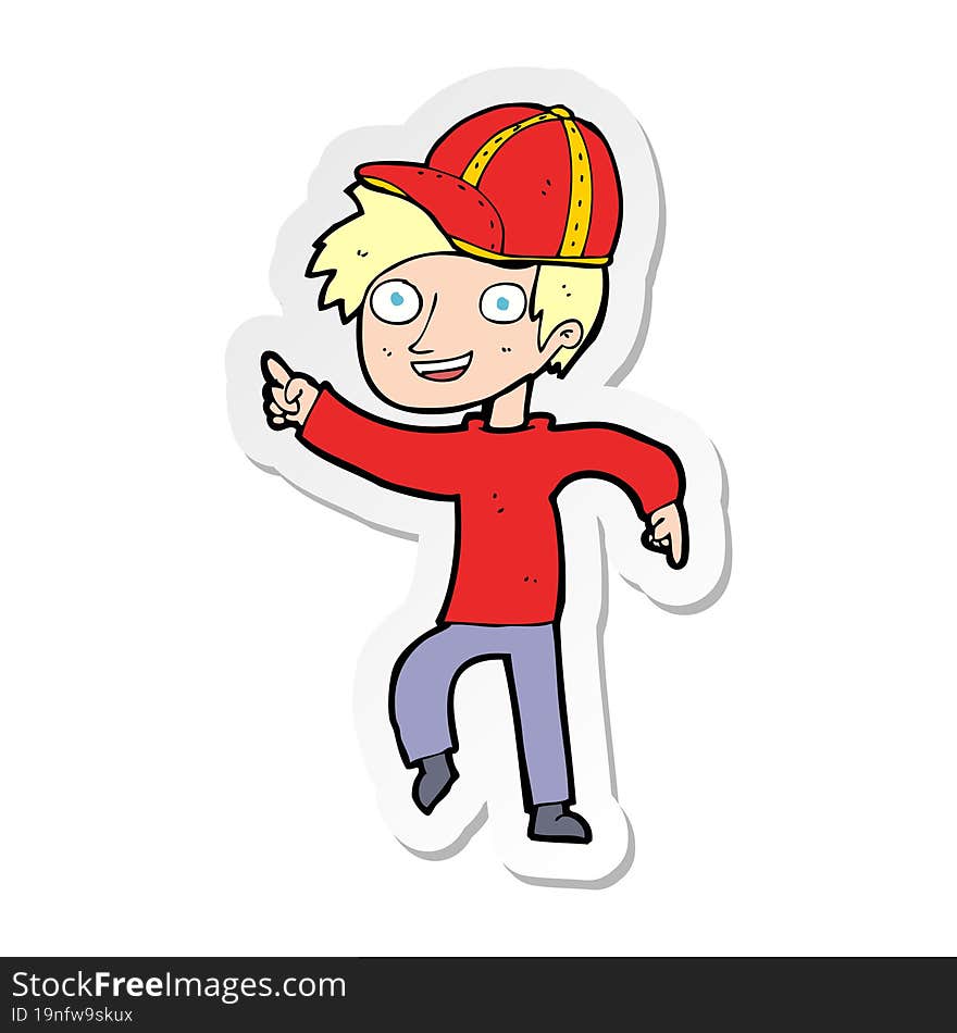 Sticker Of A Cartoon Boy In Cap Pointing