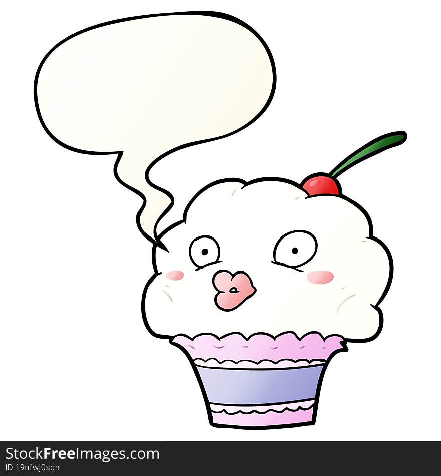 funny cartoon cupcake with speech bubble in smooth gradient style